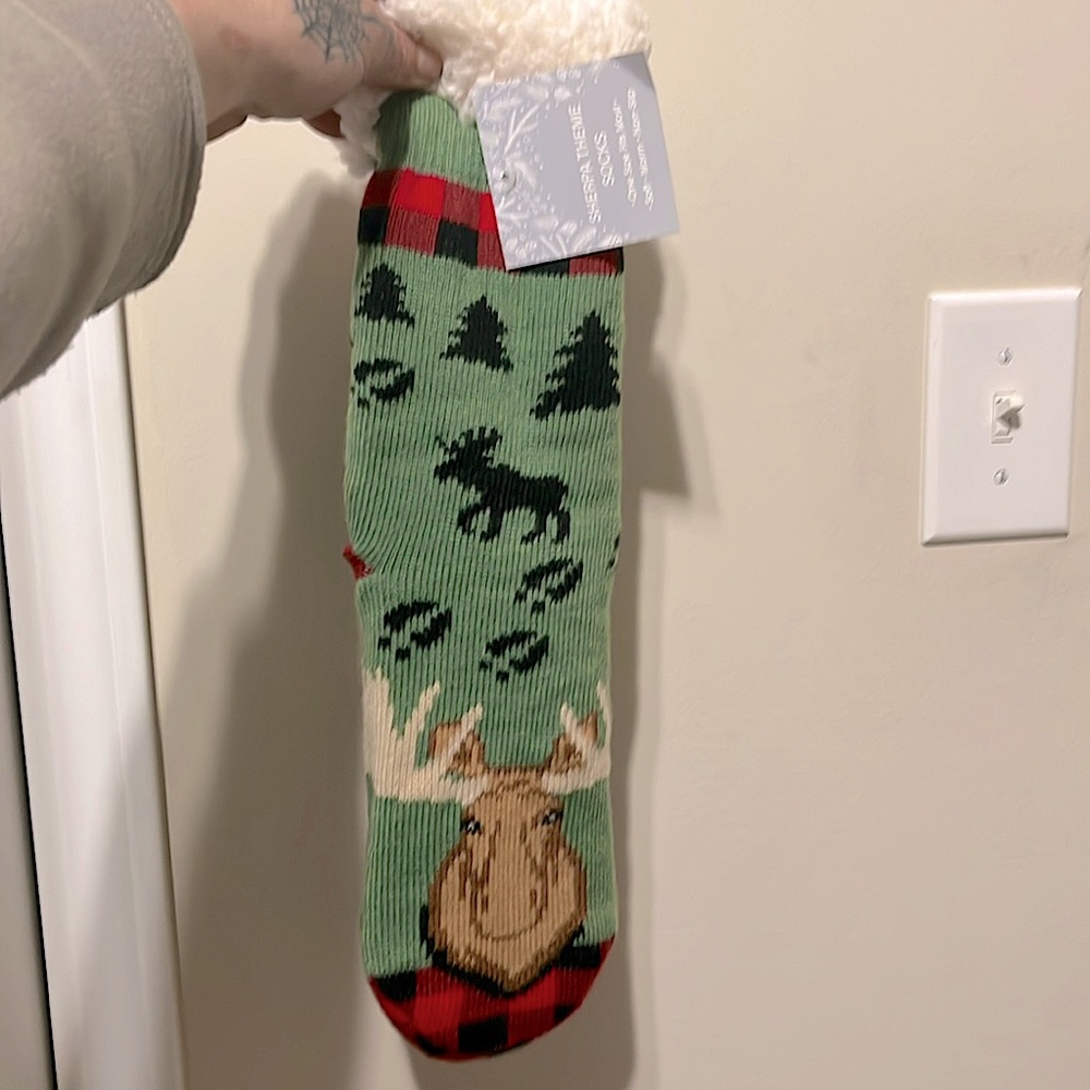 Furry Sherpa theme socks with moose print